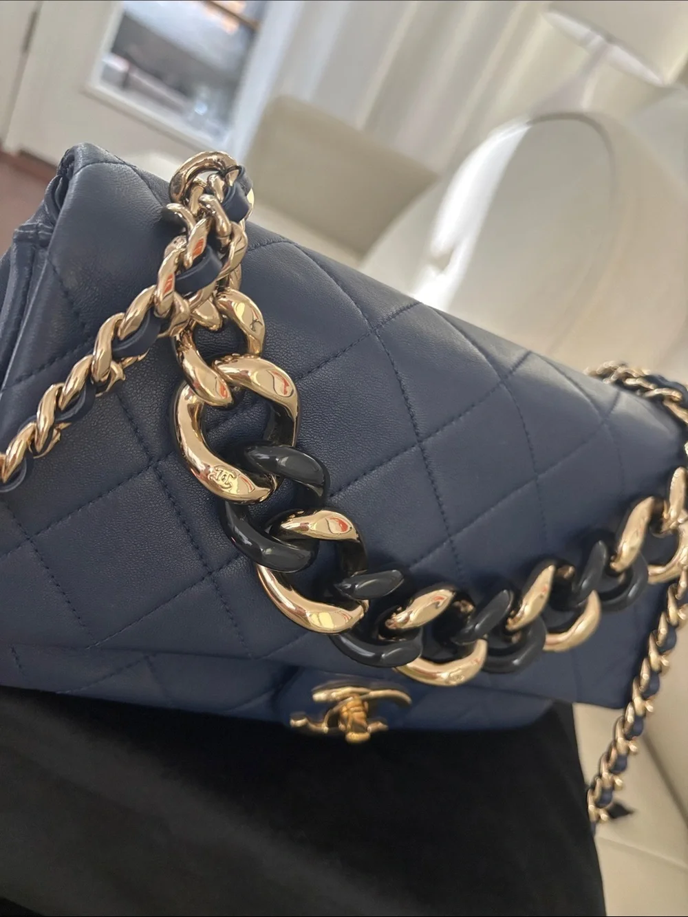CHANEL Navy Quilted Shoulder Bag with Gold Hardware